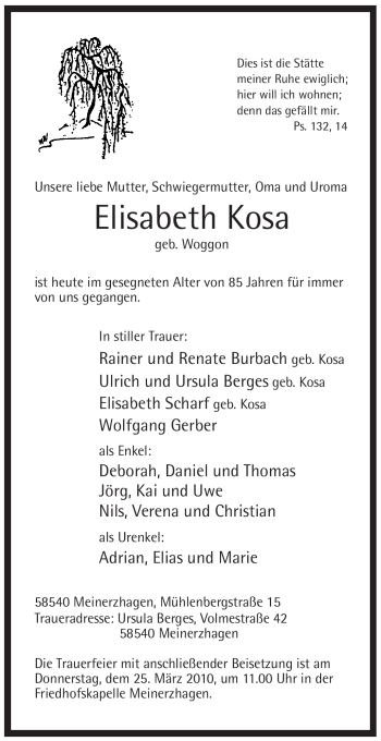 Todesanzeige von Elisabeth Kosa von WESTFÄLISCHER ANZEIGER