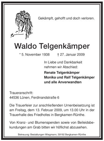 Todesanzeige von Waldo Telgenkämper von WESTFÄLISCHER ANZEIGER