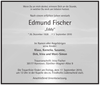 Todesanzeige von Edmund Fischer von WESTFÄLISCHER ANZEIGER