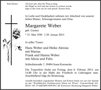 Todesanzeige von Margarete Weber von MZV