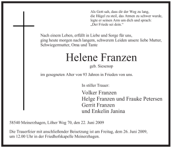 Todesanzeige von Helene Franzen von WESTFÄLISCHER ANZEIGER