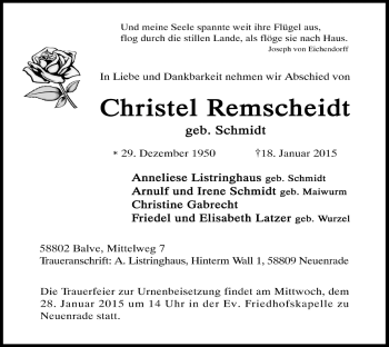 Todesanzeige von Christel Remscheid von Westfälischer Anzeiger