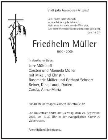 Todesanzeige von Friedhelm Müller von WESTFÄLISCHER ANZEIGER