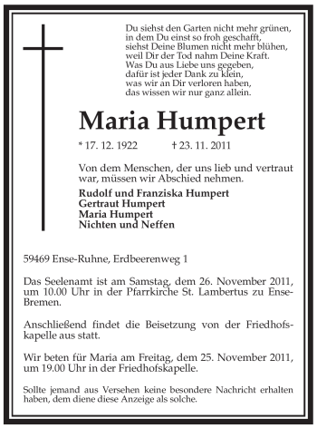 Todesanzeige von Maria Humpert von WESTFÄLISCHER ANZEIGER