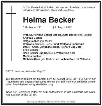 Todesanzeige von Helma Becker von WESTFÄLISCHER ANZEIGER