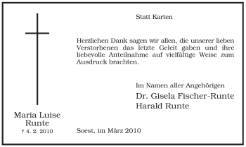 Todesanzeige von Maria Luise Runte von WESTFÄLISCHER ANZEIGER