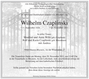 Todesanzeige von Wilhelm Czaplinski von WESTFÄLISCHER ANZEIGER