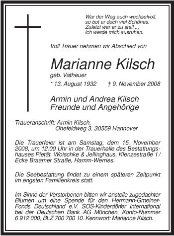 Todesanzeige von Marianne Kilsch von WESTFÄLISCHER ANZEIGER