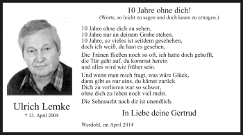 Todesanzeige von Ulrich Lemke von Westfälischer Anzeiger