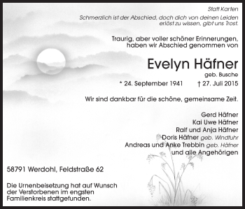 Todesanzeige von Evelyn Häfner von MZV