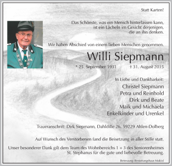 Todesanzeige von Willi Siepmann von MZV