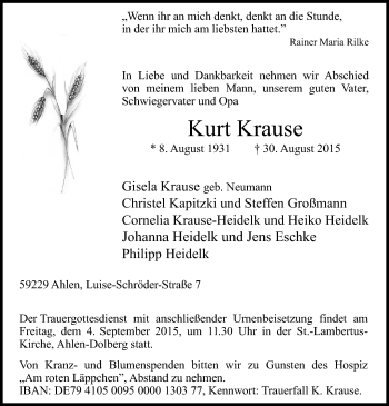 Todesanzeige von Kurt Krause von MZV