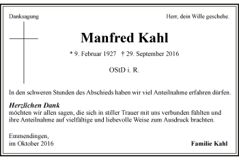 Todesanzeige von Manfred Kahl von MZV