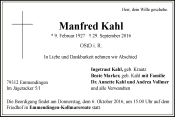 Todesanzeige von Manfred Kahl von MZV