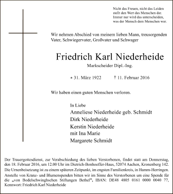 Todesanzeige von Friedrich Karl Niederheide von MZV