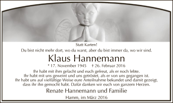 Todesanzeige von Klaus Hannemann von MZV