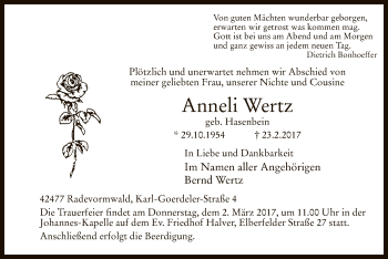 Todesanzeige von Anneli Wertz von MZV