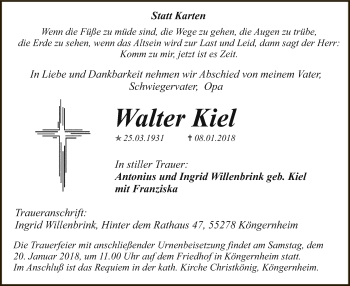 Todesanzeige von Walter Kiel von MZV