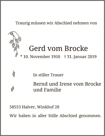 Todesanzeige von Gerd vom Brocke von MZV