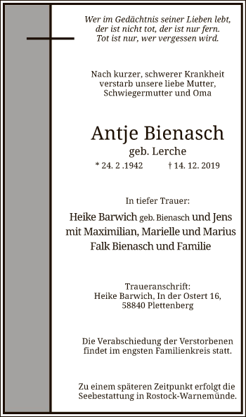 Todesanzeige von Antje Bienasch von MZV