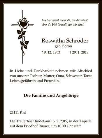 Todesanzeige von Roswitha Schröder von MZV