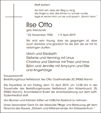 Todesanzeige von Ilse Otto von MZV