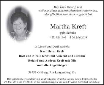 Todesanzeige von Martha Kreft von HSK