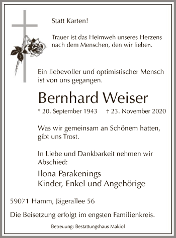 Todesanzeige von Bernhard Weiser von WA