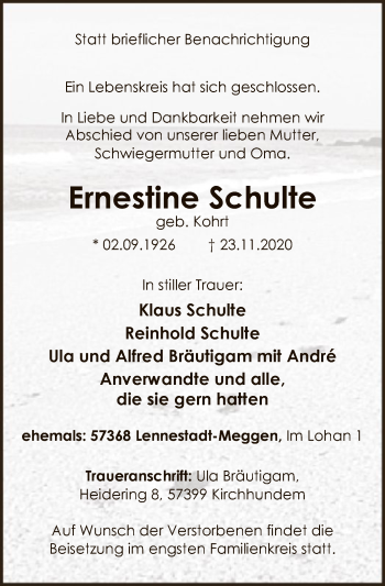 Todesanzeige von Ernestine Schulte von WA