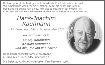 Todesanzeige von Hans-Joachim Kaufmann von WA