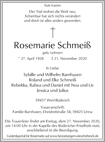 Todesanzeige von Rosemarie Schmeiß von WA