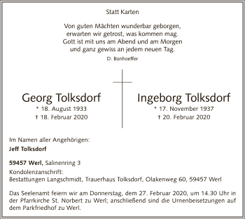 Todesanzeige von Georg und Ingeborg Tolksdorf von MZV