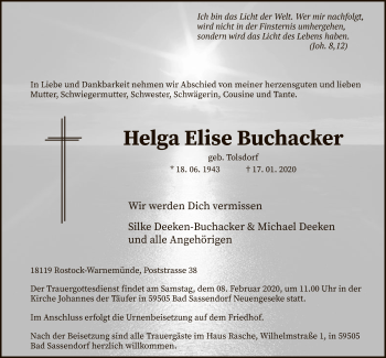 Todesanzeige von Helga Elise Buchacker von MZV