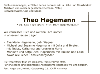 Todesanzeige von Theodor Hagemann von MZV