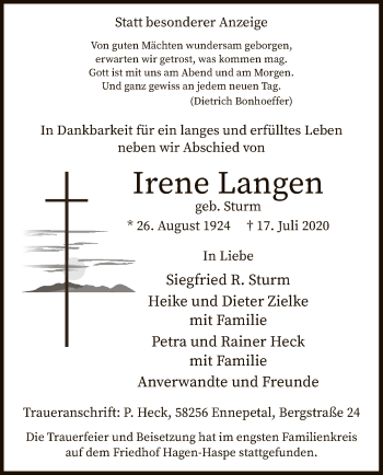 Todesanzeige von Irene Langen von WA