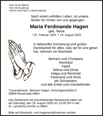 Todesanzeige von Maria Ferdinande Hagen von WA