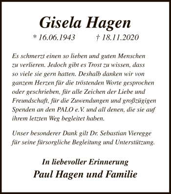 Todesanzeige von Gisela Hagen von WA