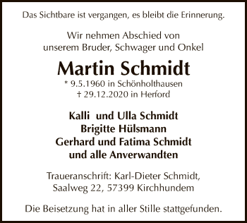 Todesanzeige von Martin Schmidt von WA