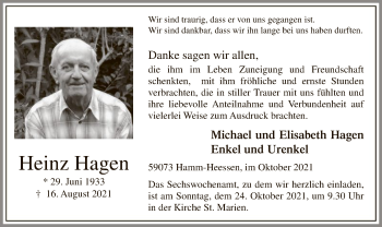 Todesanzeige von Heinz Hagen von WA