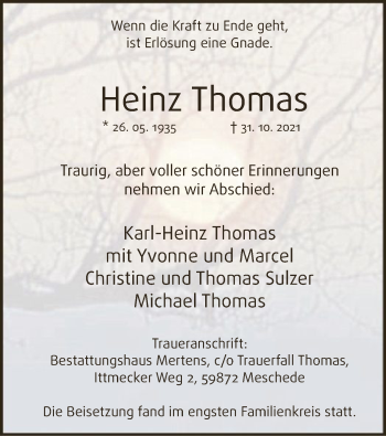 Todesanzeige von Heinz Thomas von WA