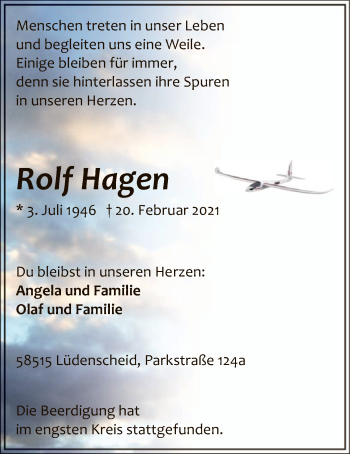 Todesanzeige von Rolf Hagen von WA