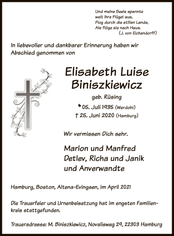 Todesanzeige von Elisabeth Luise Biniszkiewicz von WA