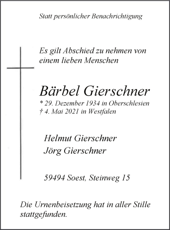 Todesanzeige von Bärbel Gierschner von WA