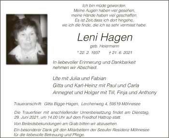 Todesanzeige von Leni Hagen von WA