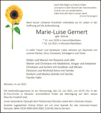 Todesanzeige von Marie-Luise Gernert von WA