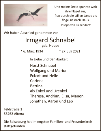 Todesanzeige von Irmgard Schnabel von WA
