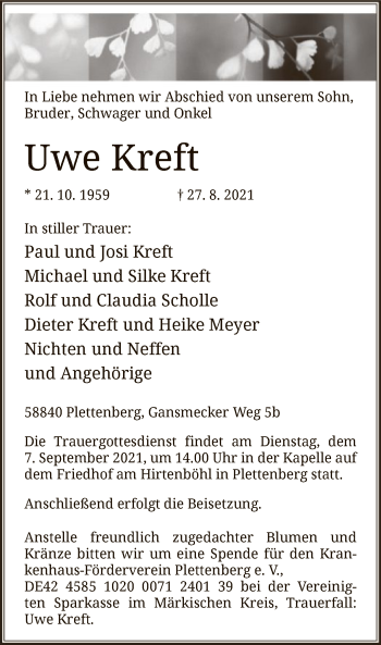 Todesanzeige von Uwe Kreft von WA