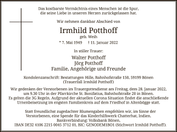 Todesanzeige von Irmhild Potthoff von WA