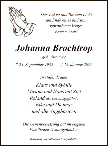 Todesanzeige von Johanna Brochtrop von WA