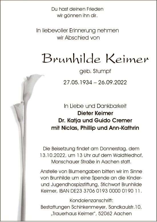 Todesanzeige von Brunhilde Keimer von WA